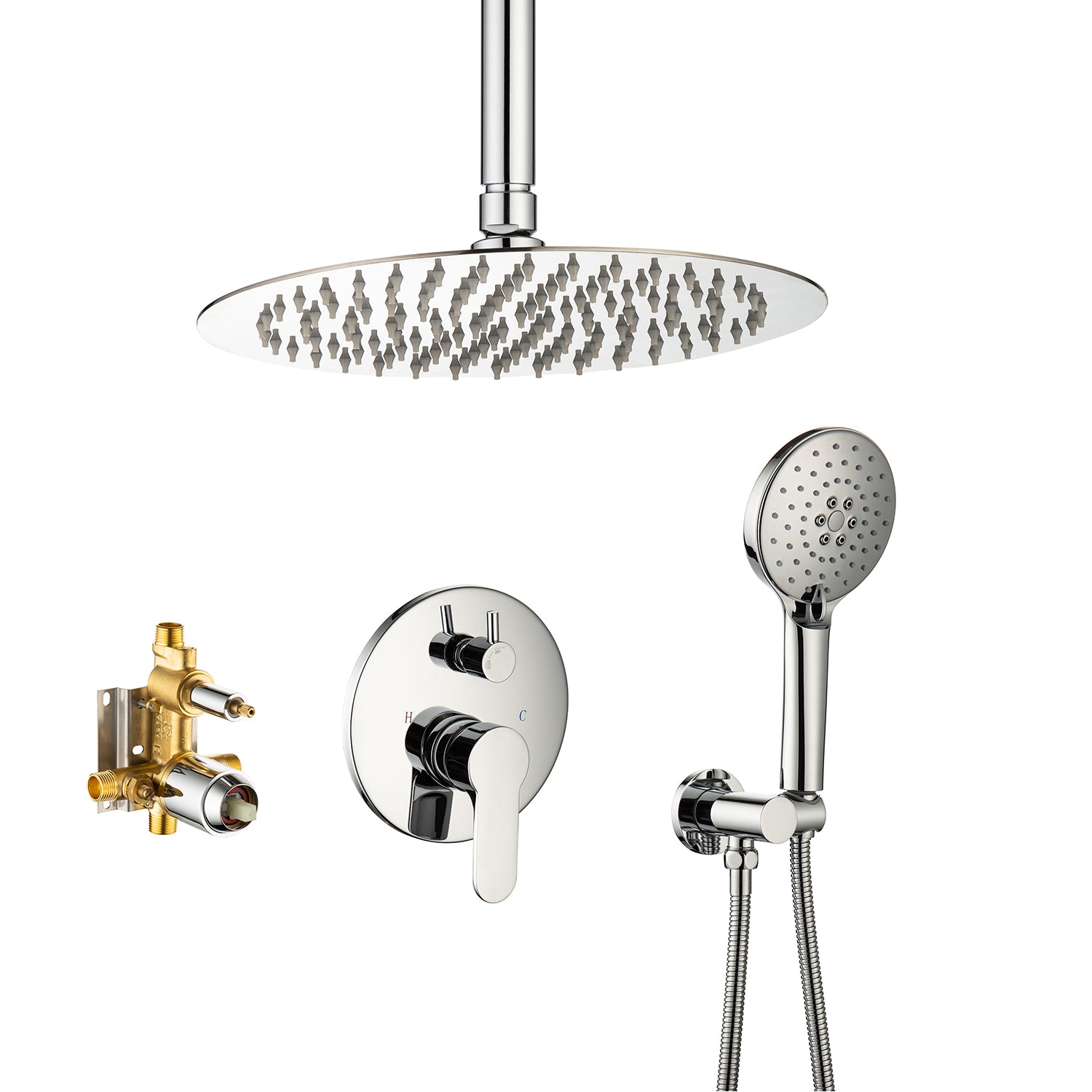 Pommeau de douche de 10 po, robinet de douche rond à 2 voies pour montage au plafond avec valve brute RX96205-10