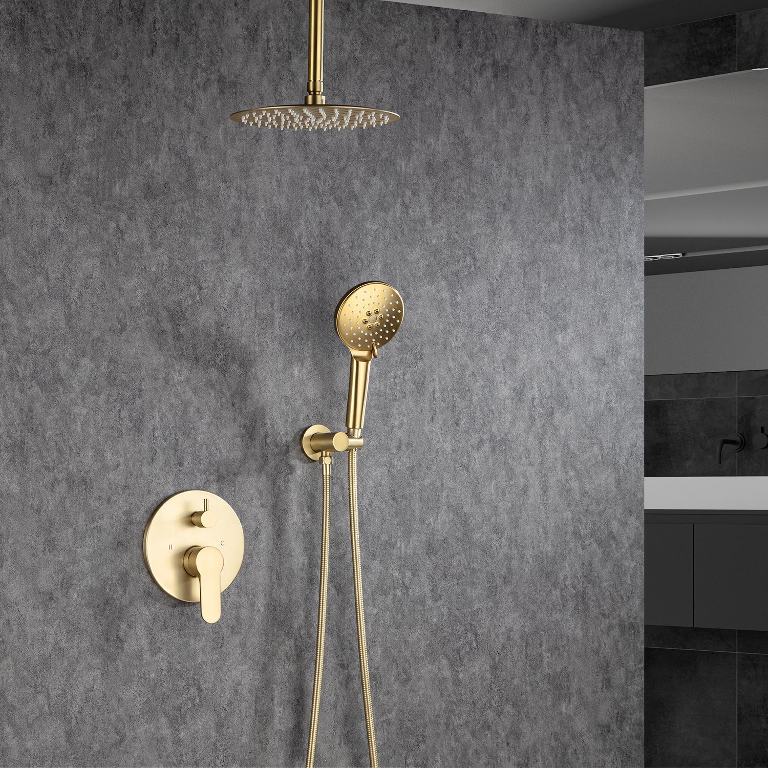 Pommeau de douche de 10 po, robinet de douche rond à 2 voies pour montage au plafond avec valve brute RX96205-10