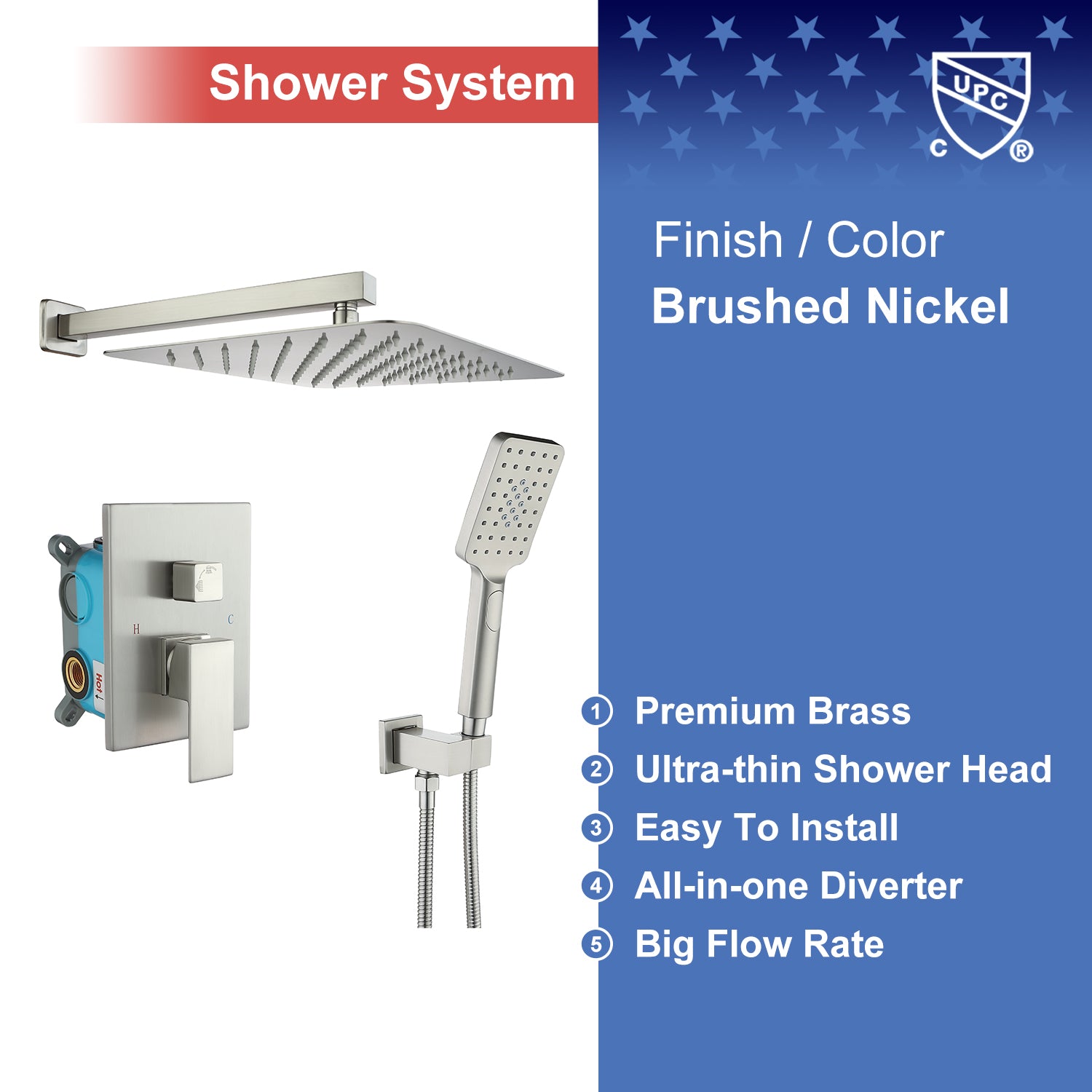 【Rainlex RX98102-10】10" Shower Head Dual Functions Wall-Mount  Pressure Balance Square Shower Faucet(Rough-in Valve Included)