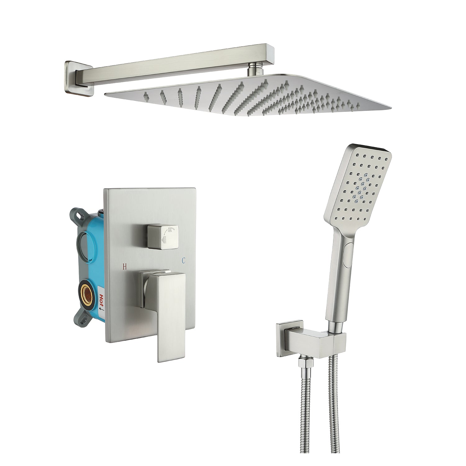 Pommeau de douche carré à 2 voies et montage mural de 10 po avec robinet à montage brut RX98102-10