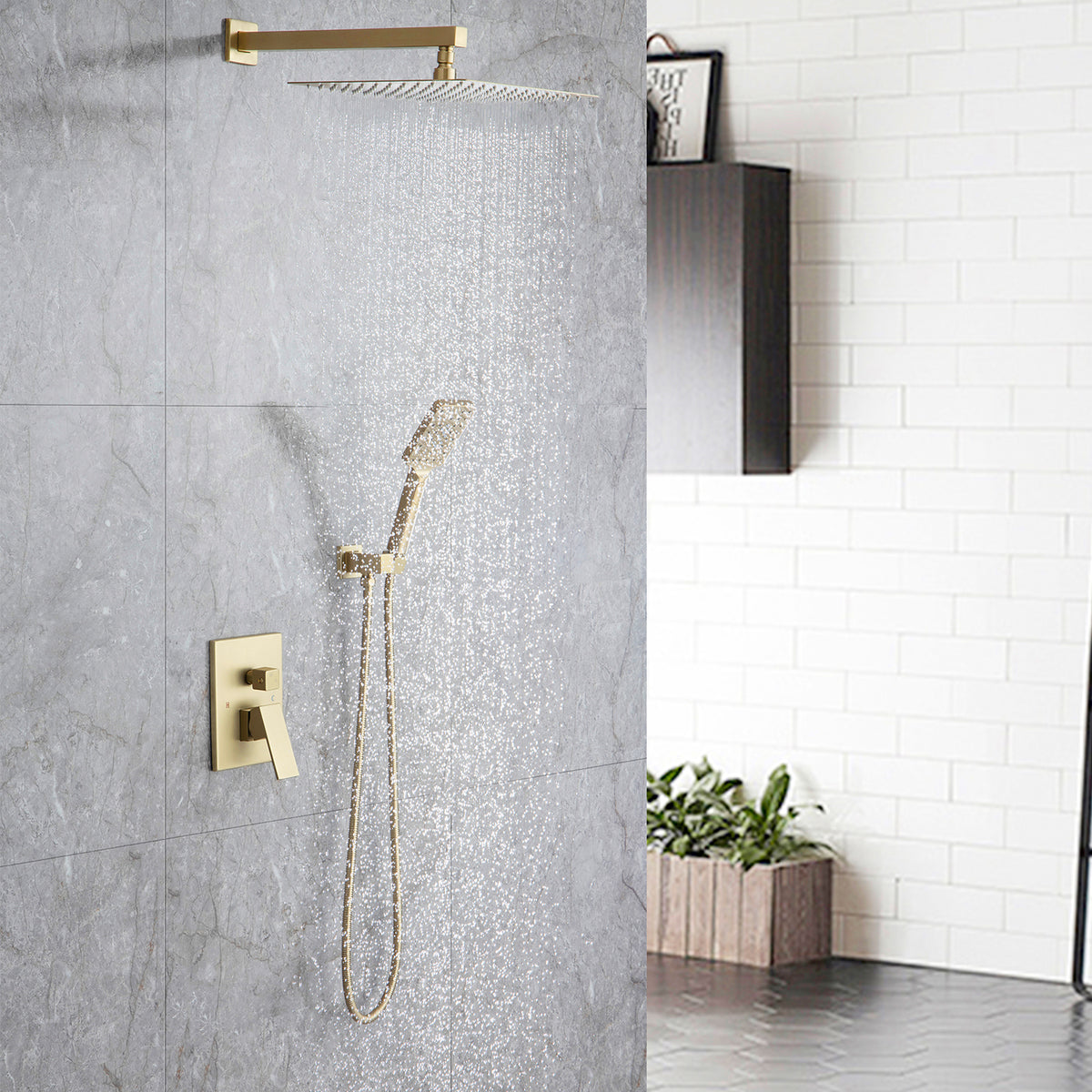 Pommeau de douche carré à 2 voies et montage mural de 10 po avec robinet à montage brut RX98102-10