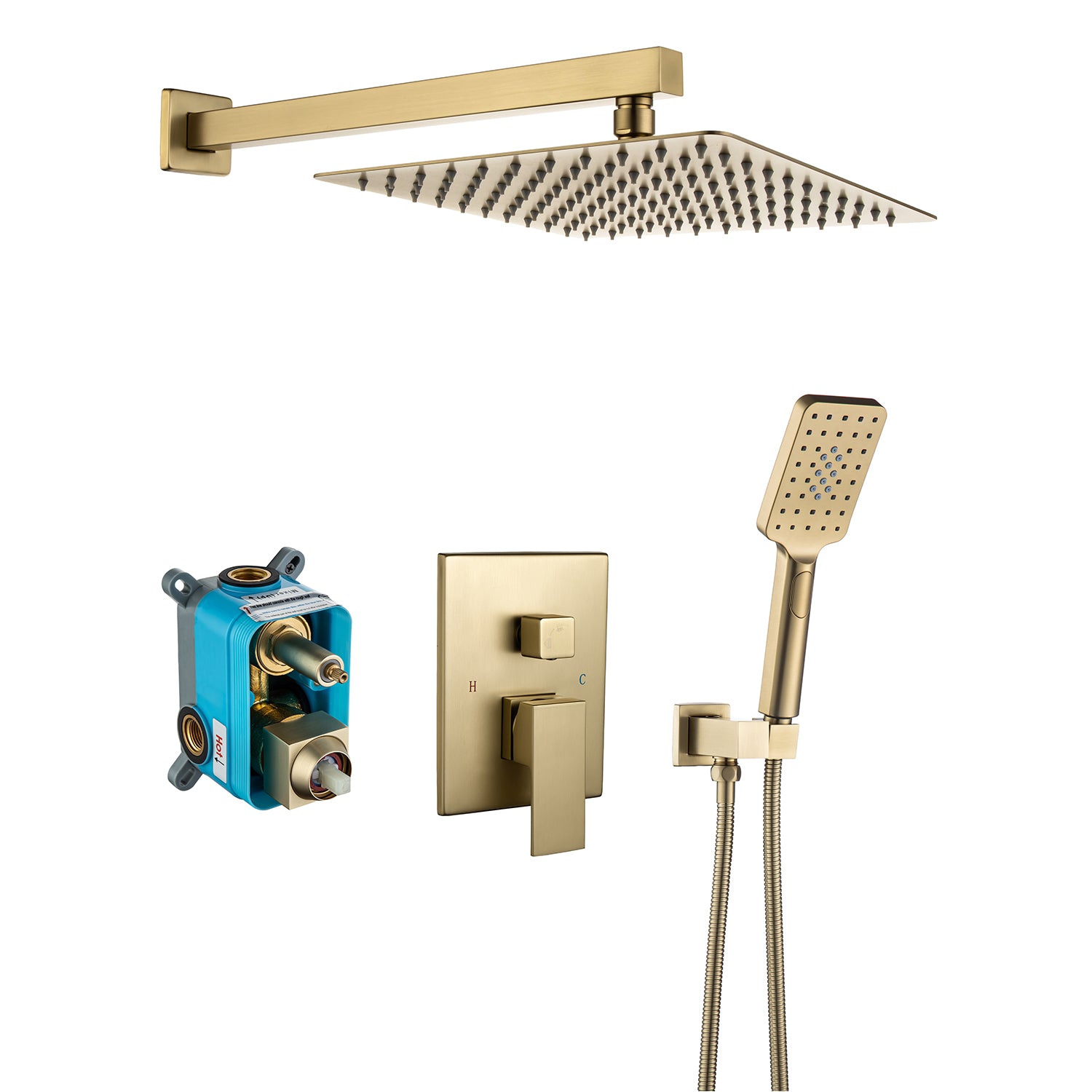 Pommeau de douche carré à 2 voies et montage mural de 10 po avec robinet à montage brut RX98102-10