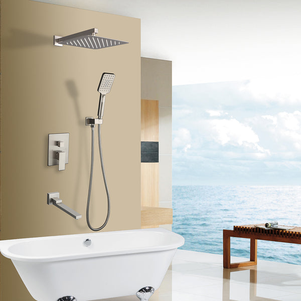 10" Shower Head 3-way Wall-Mount Square Shower Faucet with Rough-in Valve RX98103-10