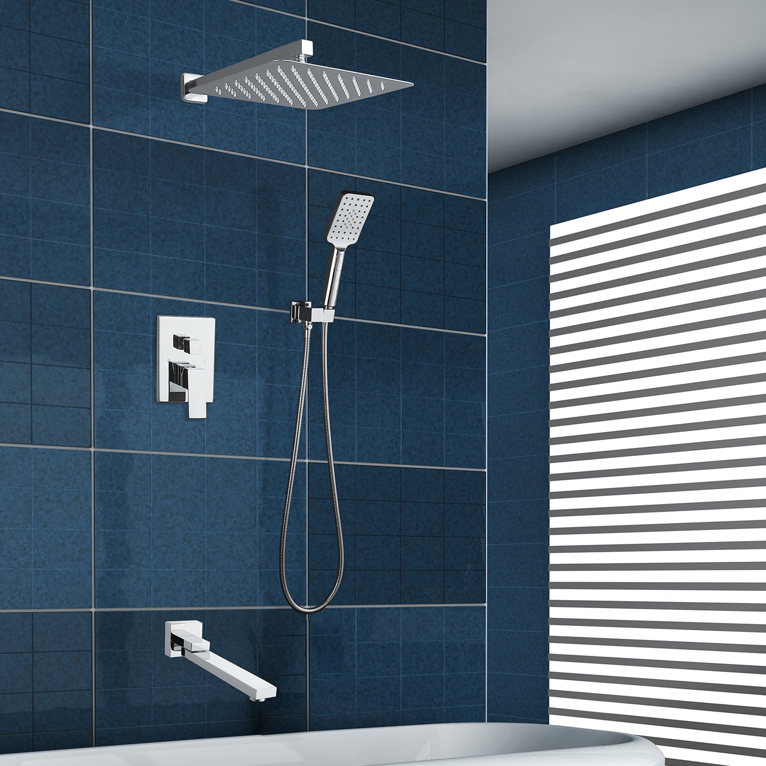 Pommeau de douche carré à 3 voies et montage mural de 10 po avec robinet à montage brut RX98103-10