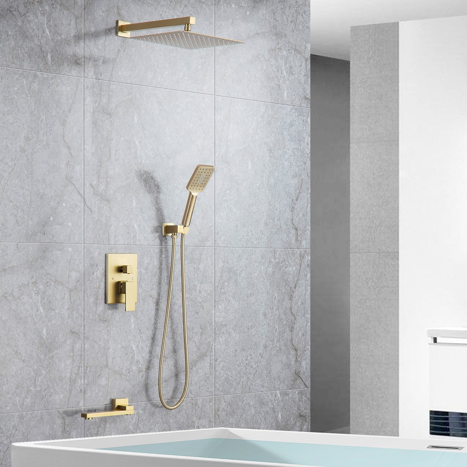 Pommeau de douche carré à 3 voies et montage mural de 10 po avec robinet à montage brut RX98103-10