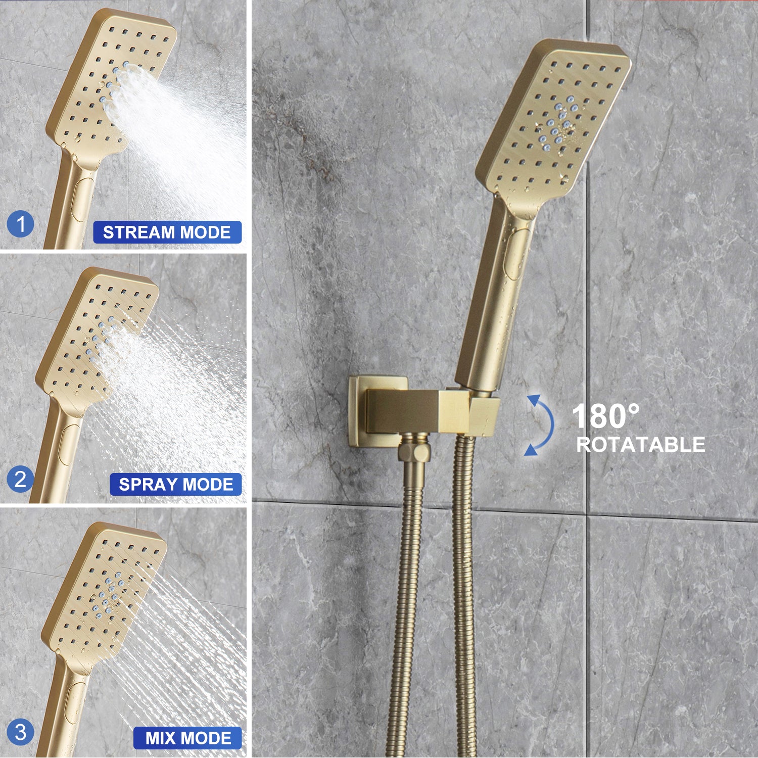 Pommeau de douche carré à 3 voies et montage mural de 10 po avec robinet à montage brut RX98103-10