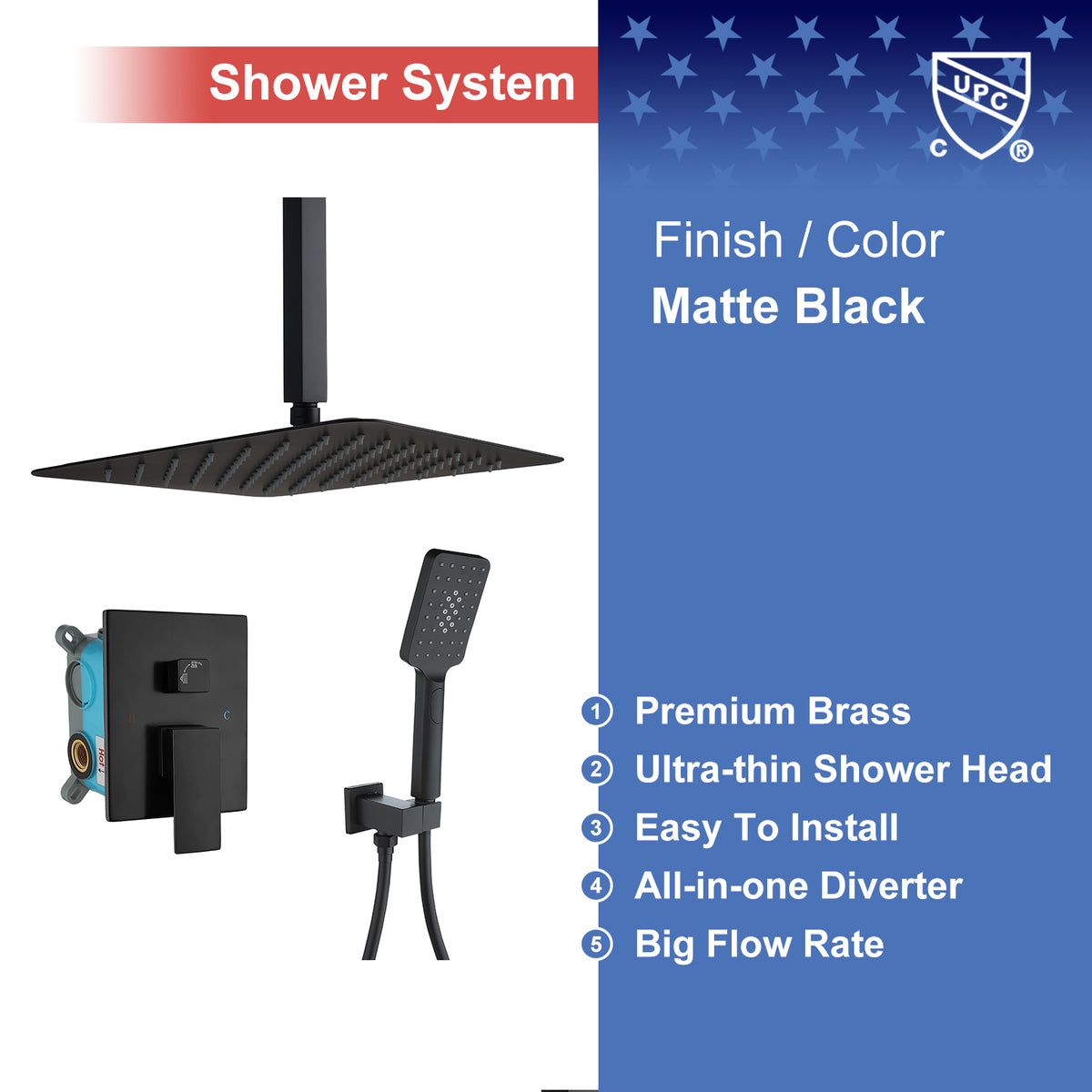 RAINLEX 12 in. Square 2-Way Ceiling-Mount Shower System with Rough-In Valve (S98105)