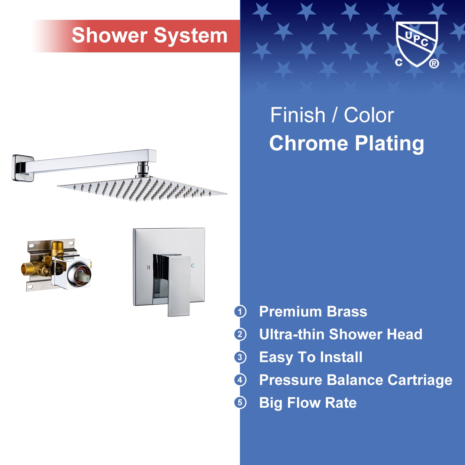 Système de douche carré complet de 10 po avec robinet d'installation brute RX93101-10