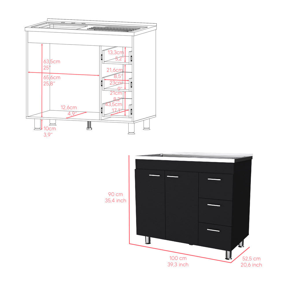 Rainlex 39.3 in. x 20.6 in. Black Freestanding Utility Sink with Cabinet, 3 Drawers, Double Door Storage & Faucet Hole for Kitchen Laundry Room