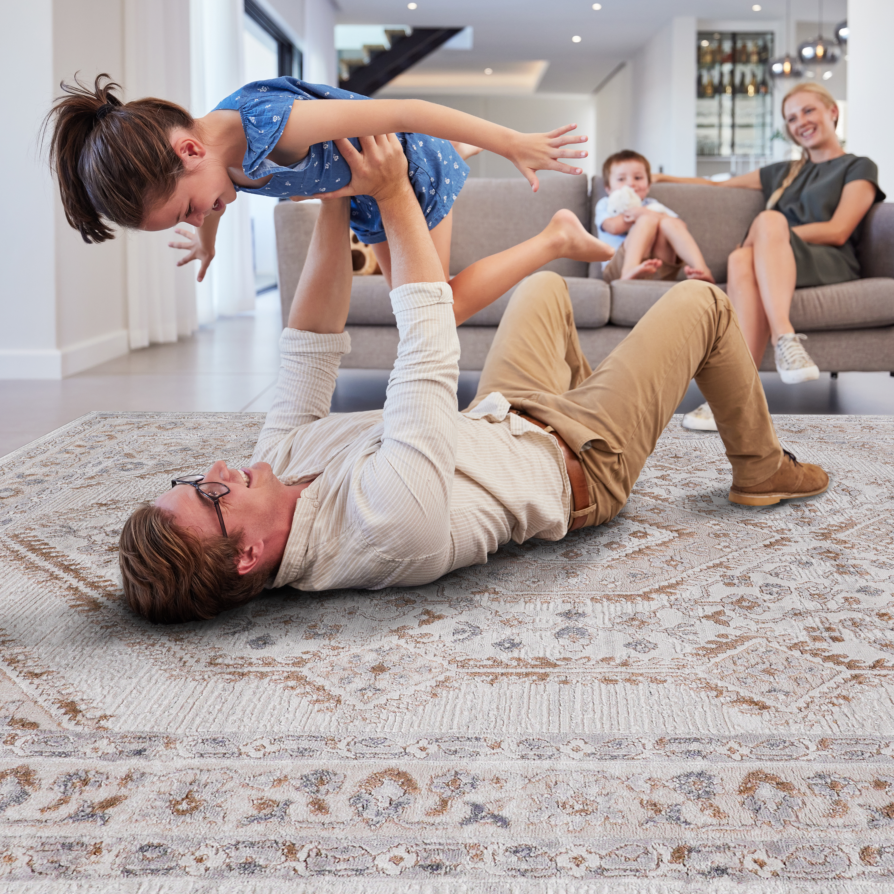 Rainlex 5”x 7” Cream/Ivory/Bordered Non-Shedding Area Rug, Soft Low-Pile, Stain-Resistant, Non-Slip