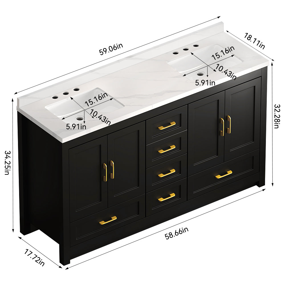 60" Freestanding Bathroom Vanity with Storage, Soft-Close Doors & Drawers, Matte Black