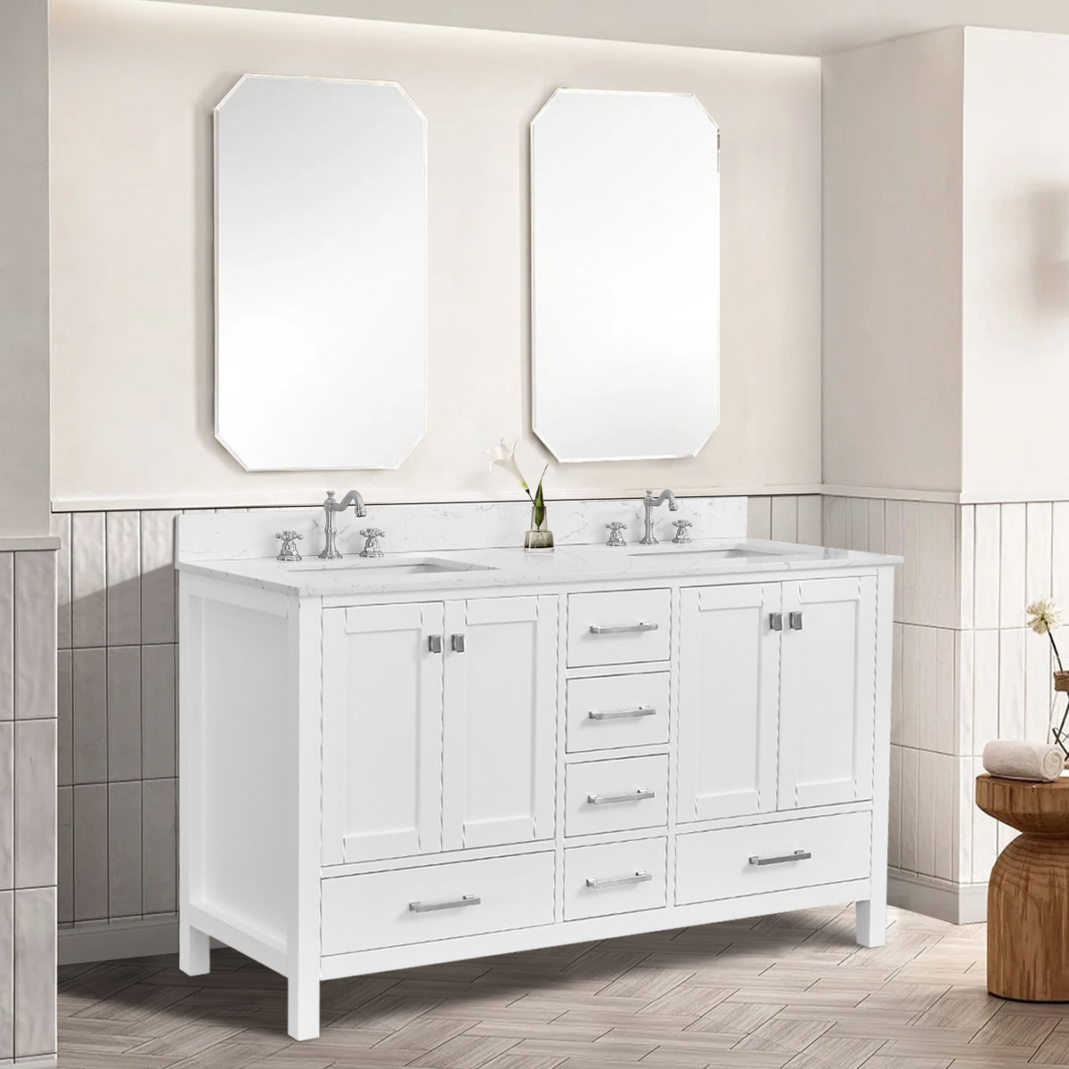 RAINLEX 60 in. Freestanding Double Sink Bathroom Vanity, Solid Wood