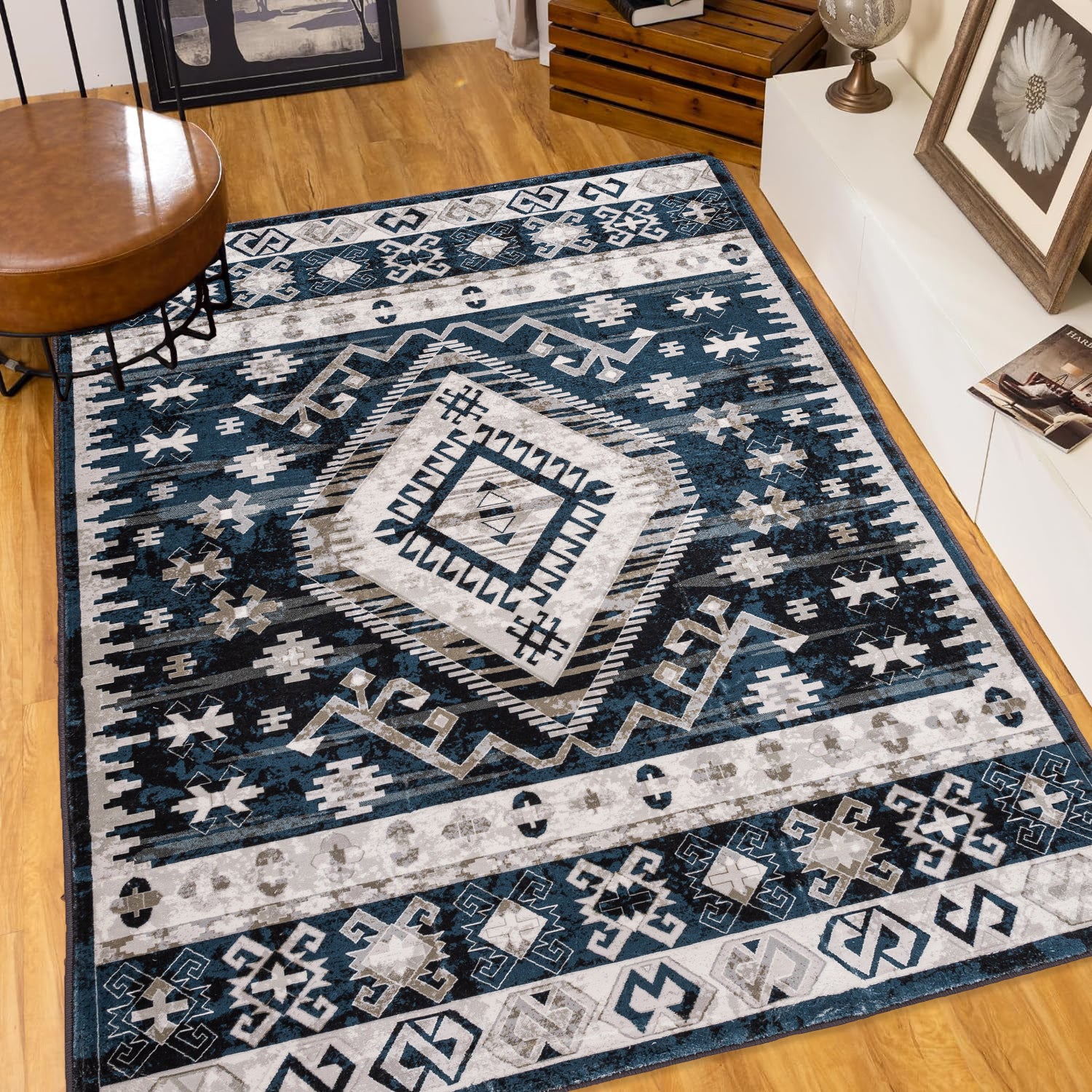 Rainlex 6' x 9' Vintage Persian Washable Area Rug, Blue/Black