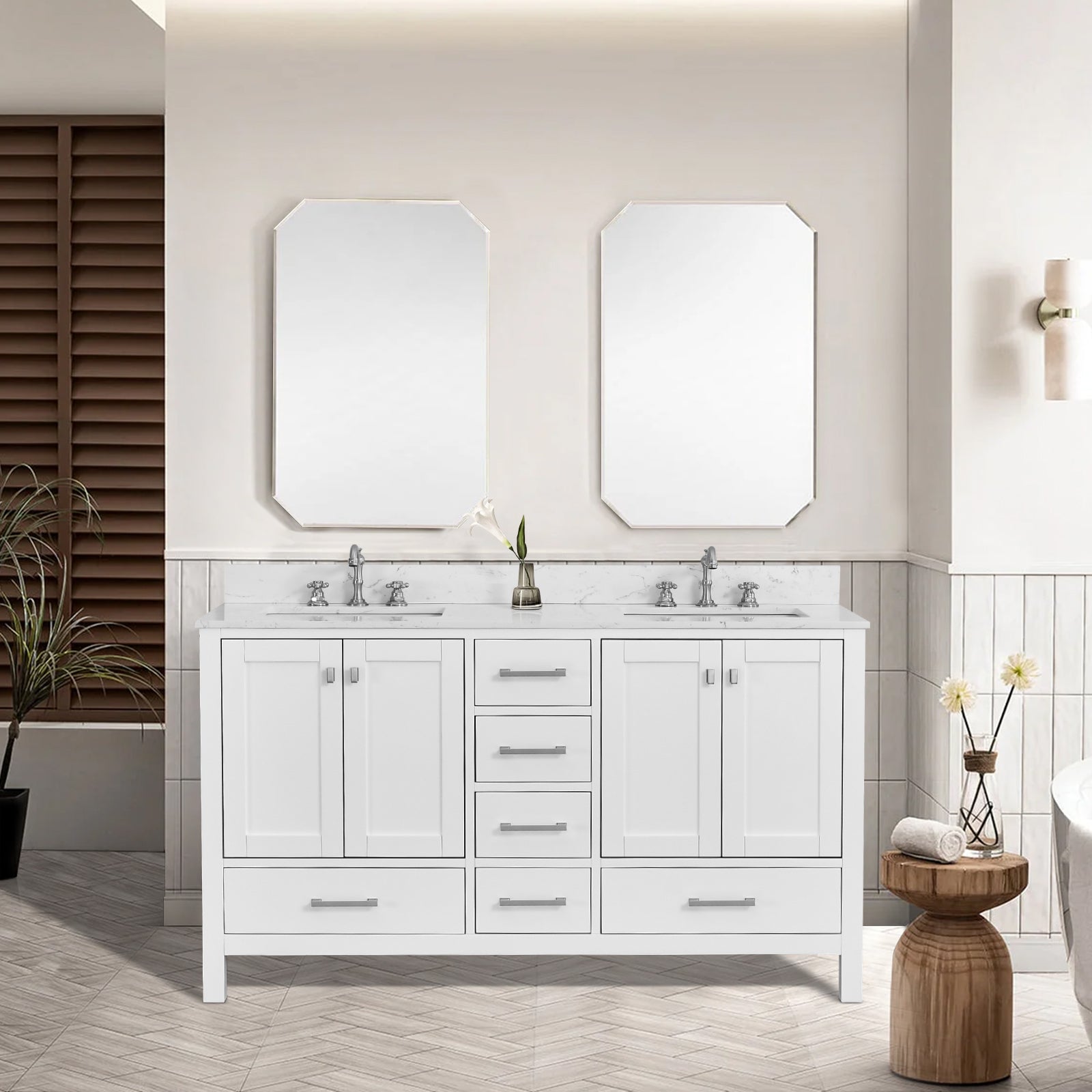 60" Freestanding Double Sink Bathroom Vanity, Solid Wood
