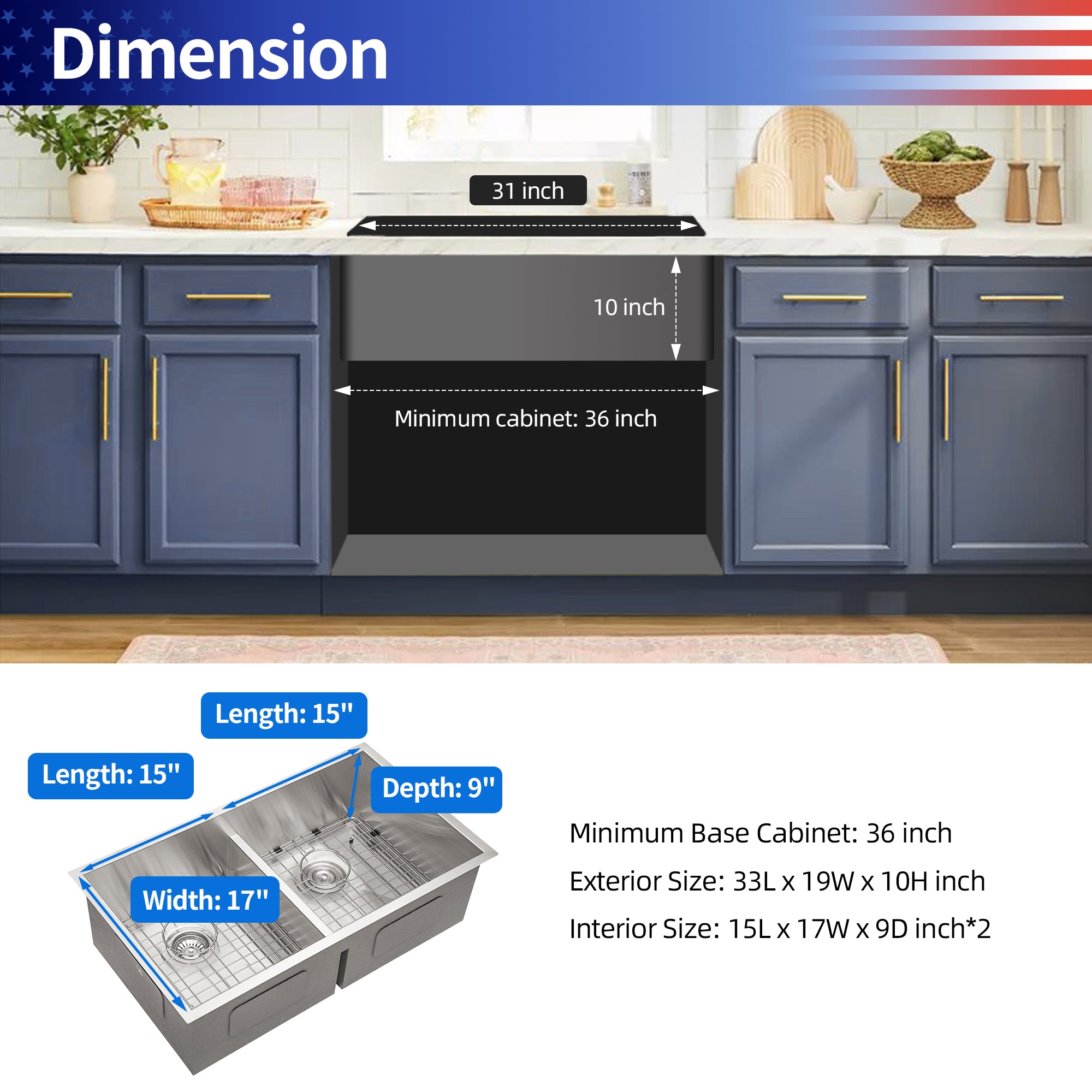 Undermount Double Bowl Kitchen Sink, 16 Gauge Stainless Steel (SS32)