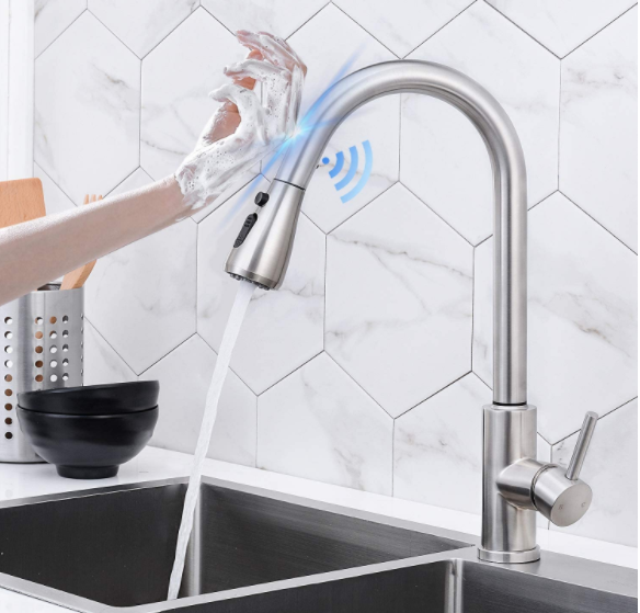 [Rainlex-6013] Touch On Kitchen Faucets with Pull Down Sprayer, Single Handle High Arc Touch Activated Pull Out Kitchen Faucet, Stainless Steel Touch Sensor Faucet Brushed Nickel