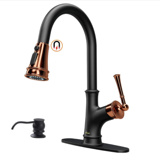 Rainlex Matte Black and Rose Gold Pull Down Kitchen Faucet with Magnetic Docking Sprayer - Single Handle High Arc One Hole Pull Out Kitchen Sink Faucet with Soap Dispenser
