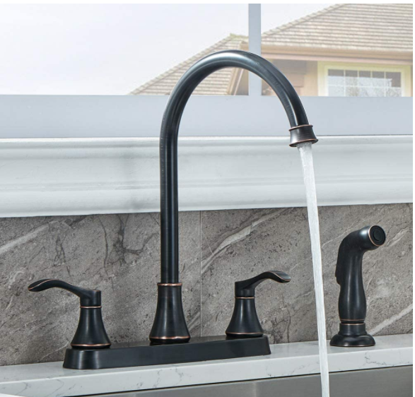 [Rainlex]Commercial Lead-Free Oil Rubbed Bronze Two Handle Kitchen Sink Faucet with Side Sprayer, 3 Hole or 4 Hole Faucets for Rv Kitchen Sinks with High-Arc Spout & Side Spray