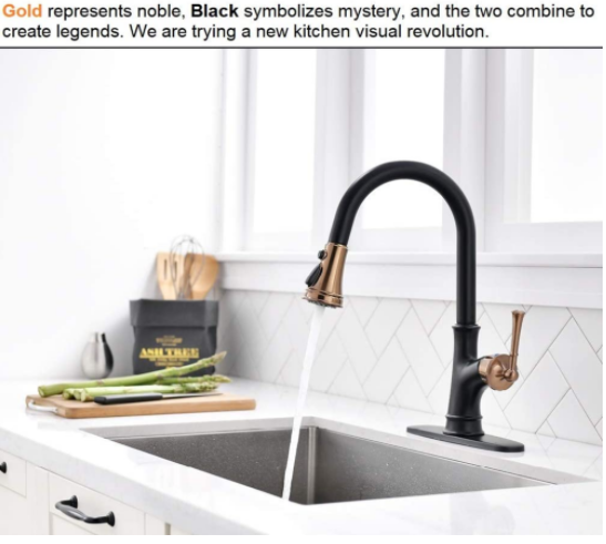 Rainlex Matte Black and Rose Gold Pull Down Kitchen Faucet with Magnetic Docking Sprayer - Single Handle High Arc One Hole Pull Out Kitchen Sink Faucet with Soap Dispenser