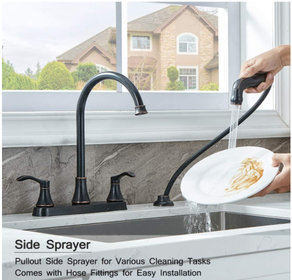 [Rainlex]Commercial Lead-Free Oil Rubbed Bronze Two Handle Kitchen Sink Faucet with Side Sprayer, 3 Hole or 4 Hole Faucets for Rv Kitchen Sinks with High-Arc Spout & Side Spray