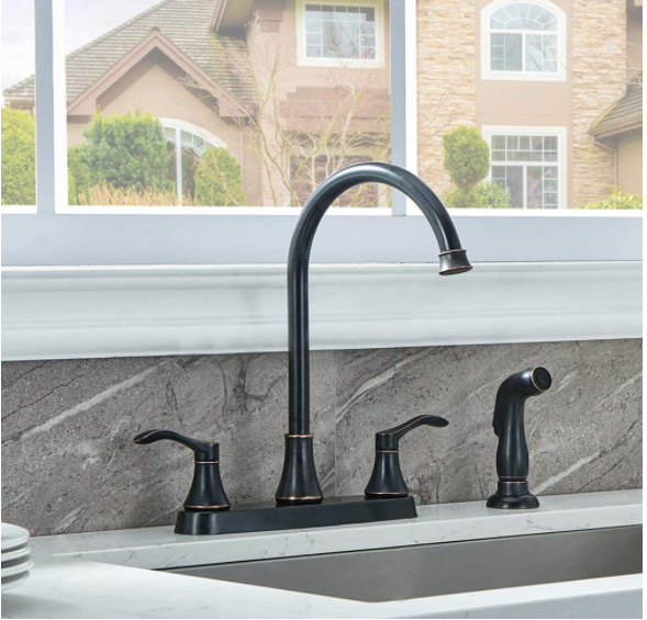 [Rainlex]Commercial Lead-Free Oil Rubbed Bronze Two Handle Kitchen Sink Faucet with Side Sprayer, 3 Hole or 4 Hole Faucets for Rv Kitchen Sinks with High-Arc Spout & Side Spray
