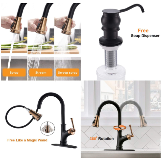 Rainlex Matte Black and Rose Gold Pull Down Kitchen Faucet with Magnetic Docking Sprayer - Single Handle High Arc One Hole Pull Out Kitchen Sink Faucet with Soap Dispenser