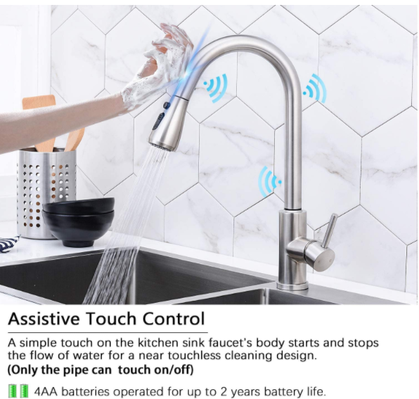 [Rainlex-6013] Touch On Kitchen Faucets with Pull Down Sprayer, Single Handle High Arc Touch Activated Pull Out Kitchen Faucet, Stainless Steel Touch Sensor Faucet Brushed Nickel