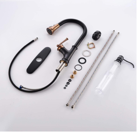 Rainlex Matte Black and Rose Gold Pull Down Kitchen Faucet with Magnetic Docking Sprayer - Single Handle High Arc One Hole Pull Out Kitchen Sink Faucet with Soap Dispenser