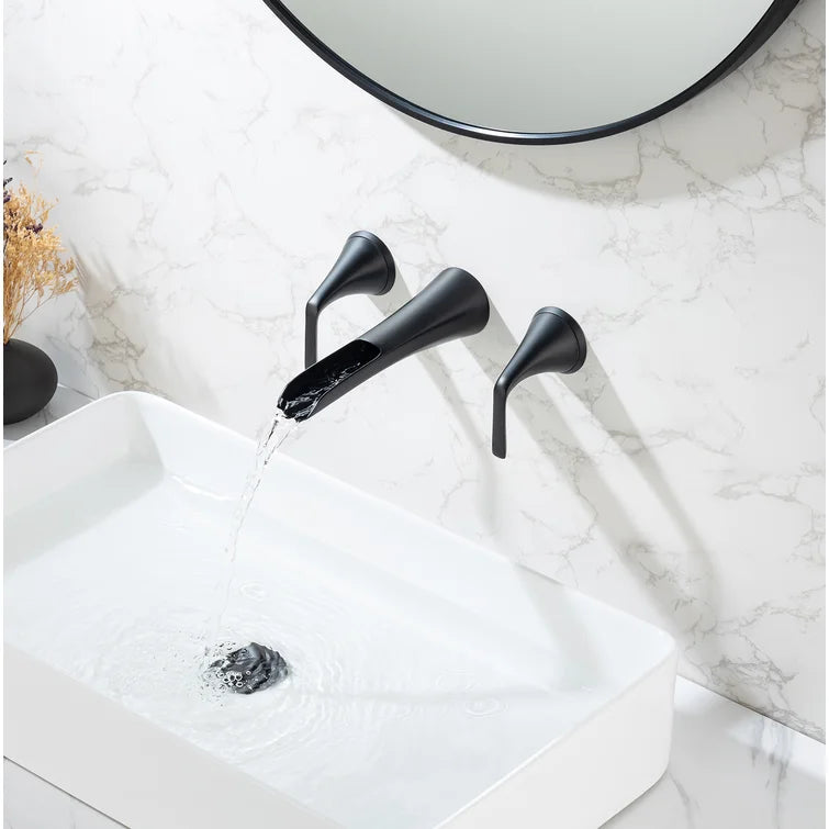 2-Handle Wall-Mount Waterfall Bathroom Faucet with Drain Assembly